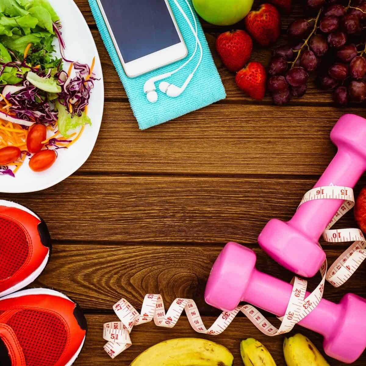 healthy food, weights and an ipod