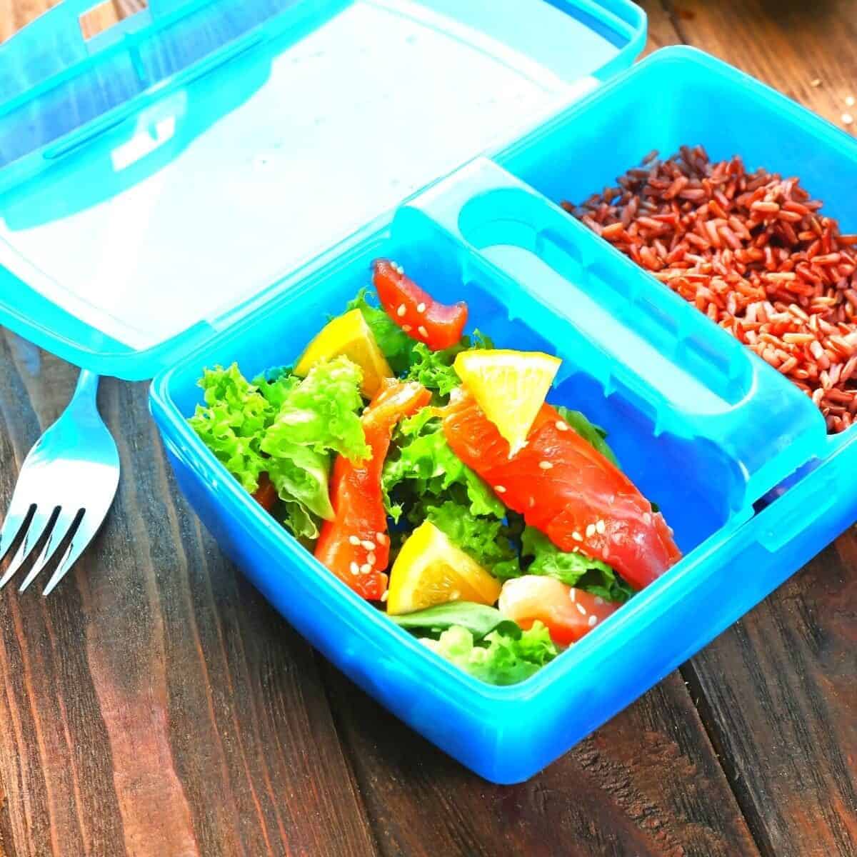 rice salad in a blue lunchbox