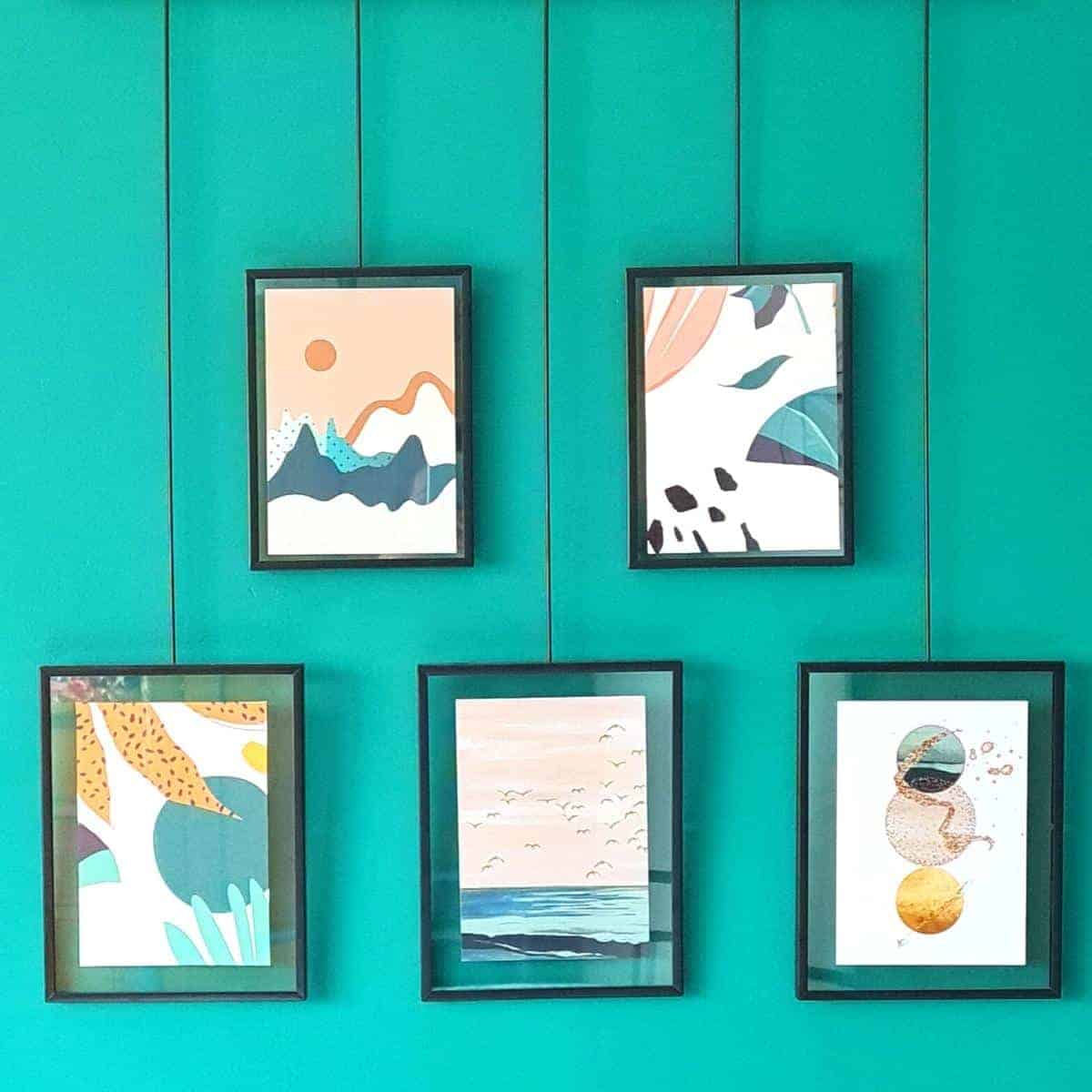 turquoise room with pictures