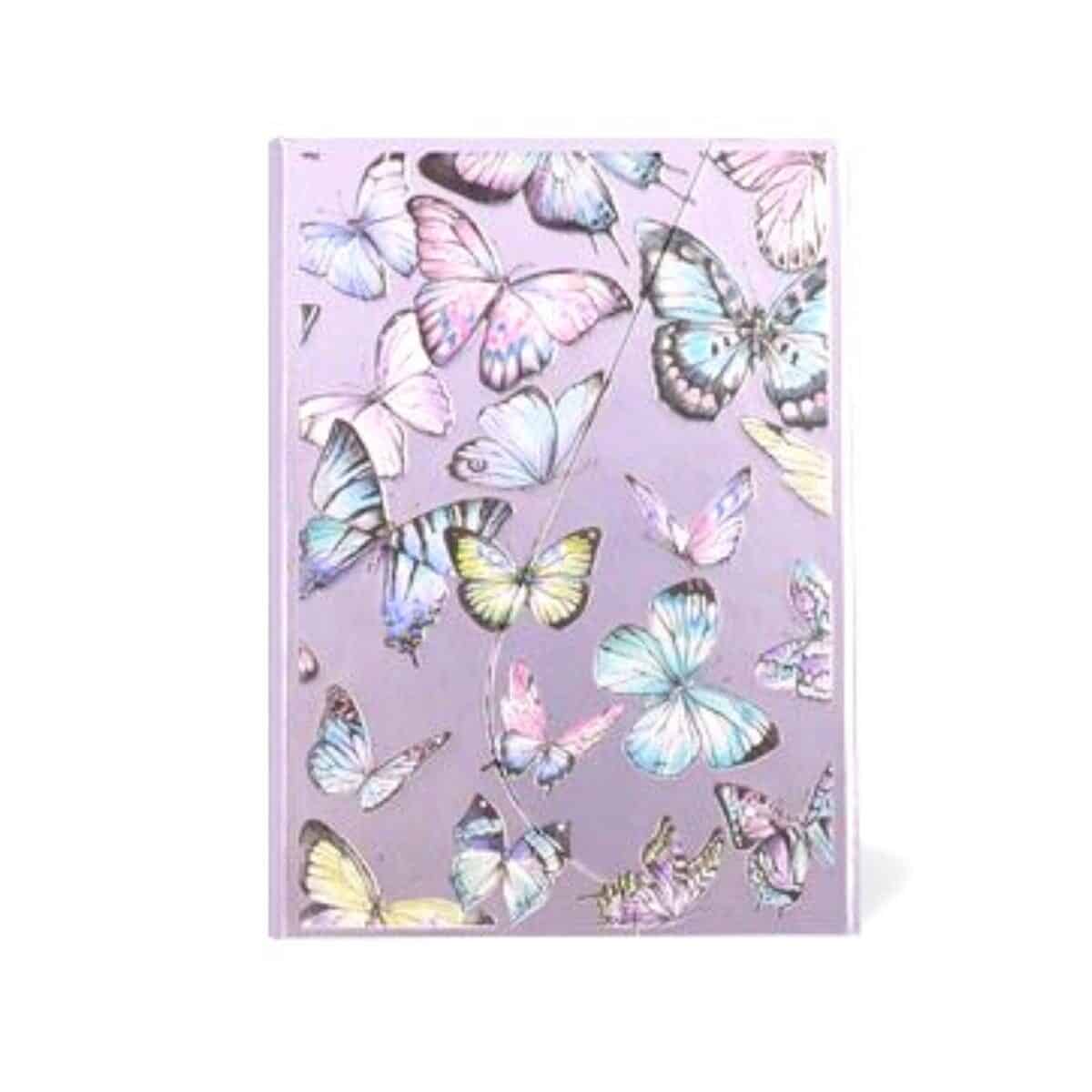 a purple notebook with butterflies on it