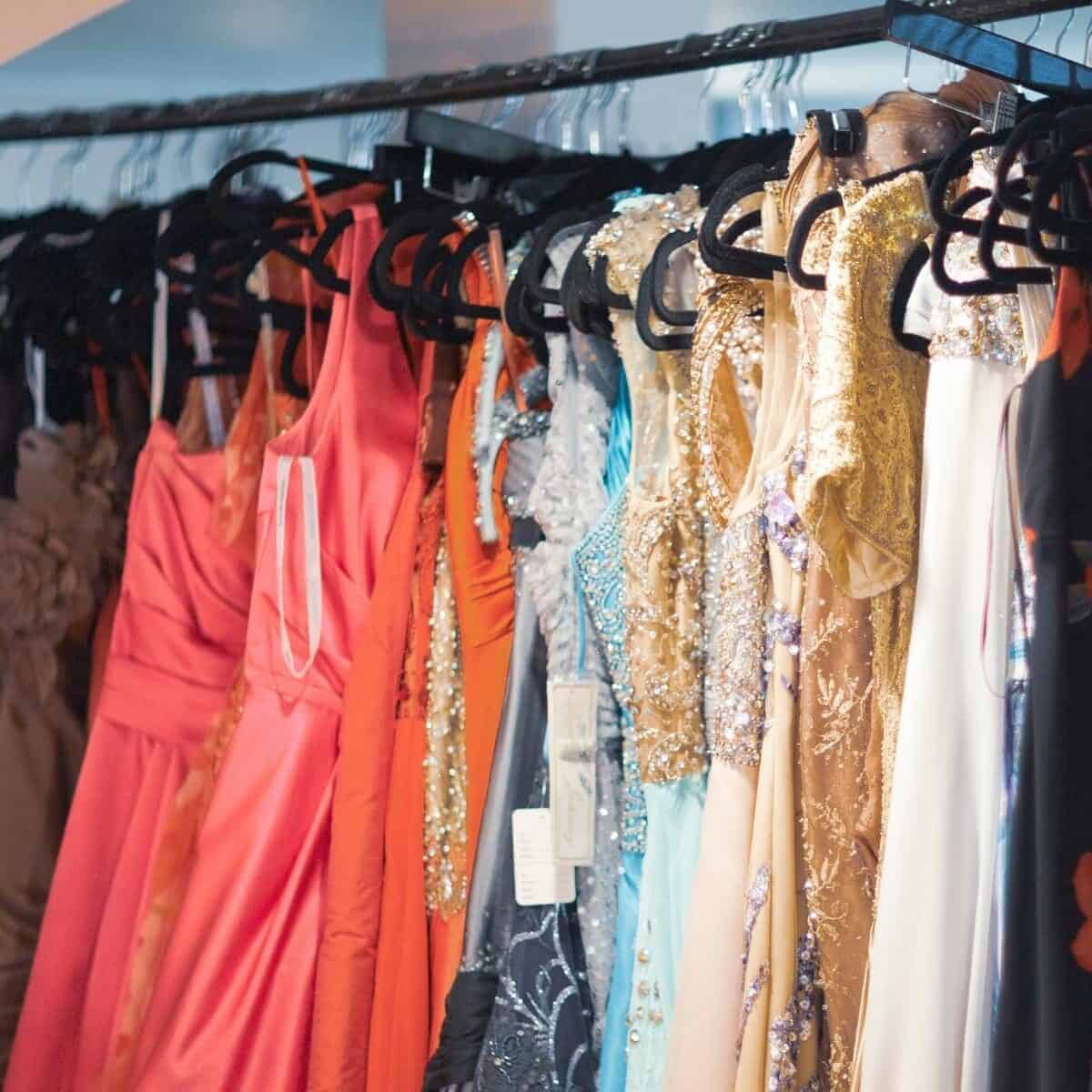 prom dresses hanging on a rail