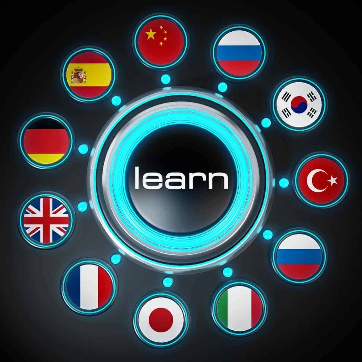 A digital interface with the word "learn" at the center, surrounded by flags of various countries, symbolizes the journey of learning a language.