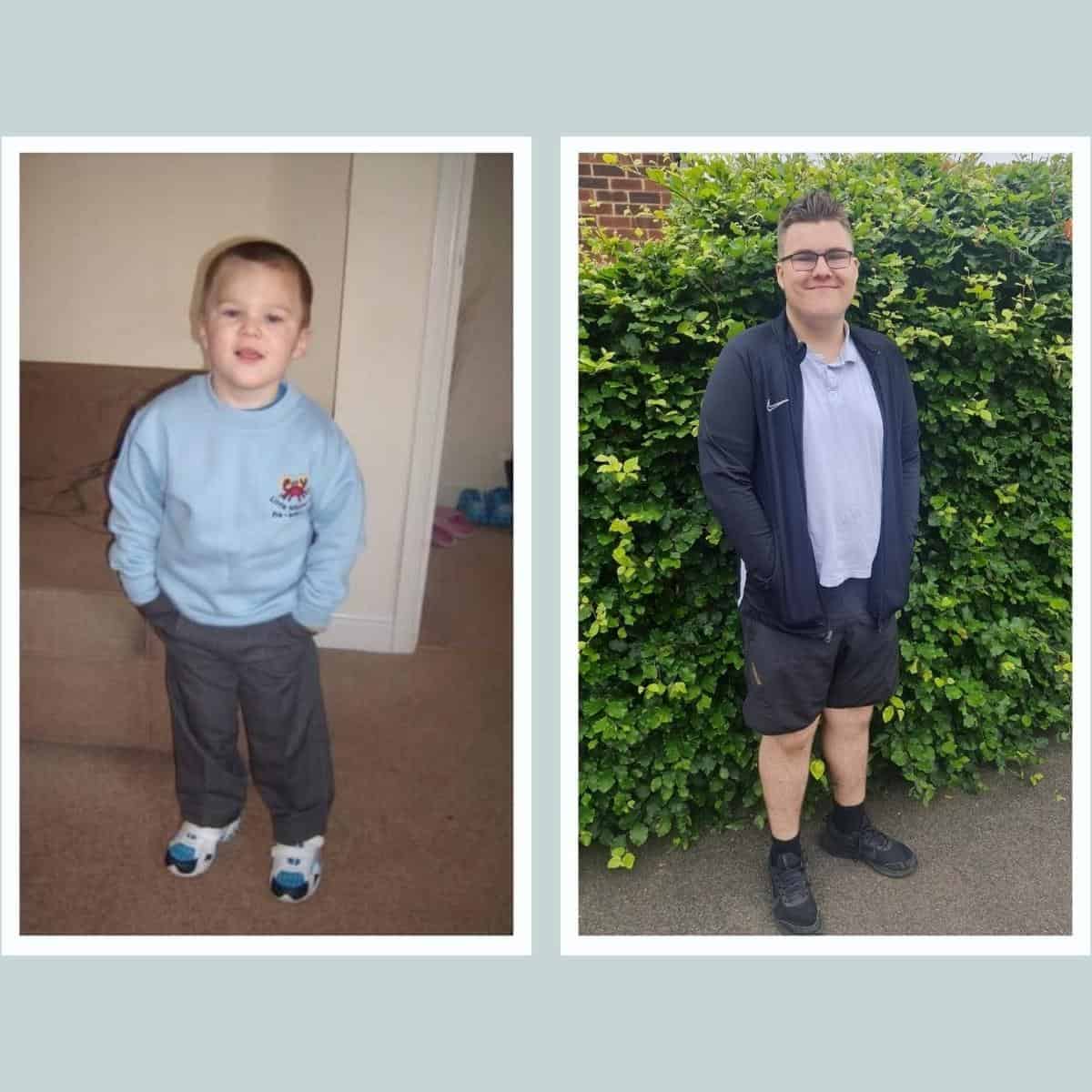 Side-by-side photos show a young child in a blue sweater and gray pants on the left, and a proud mum wearing casual sportswear standing by a hedge on the right.