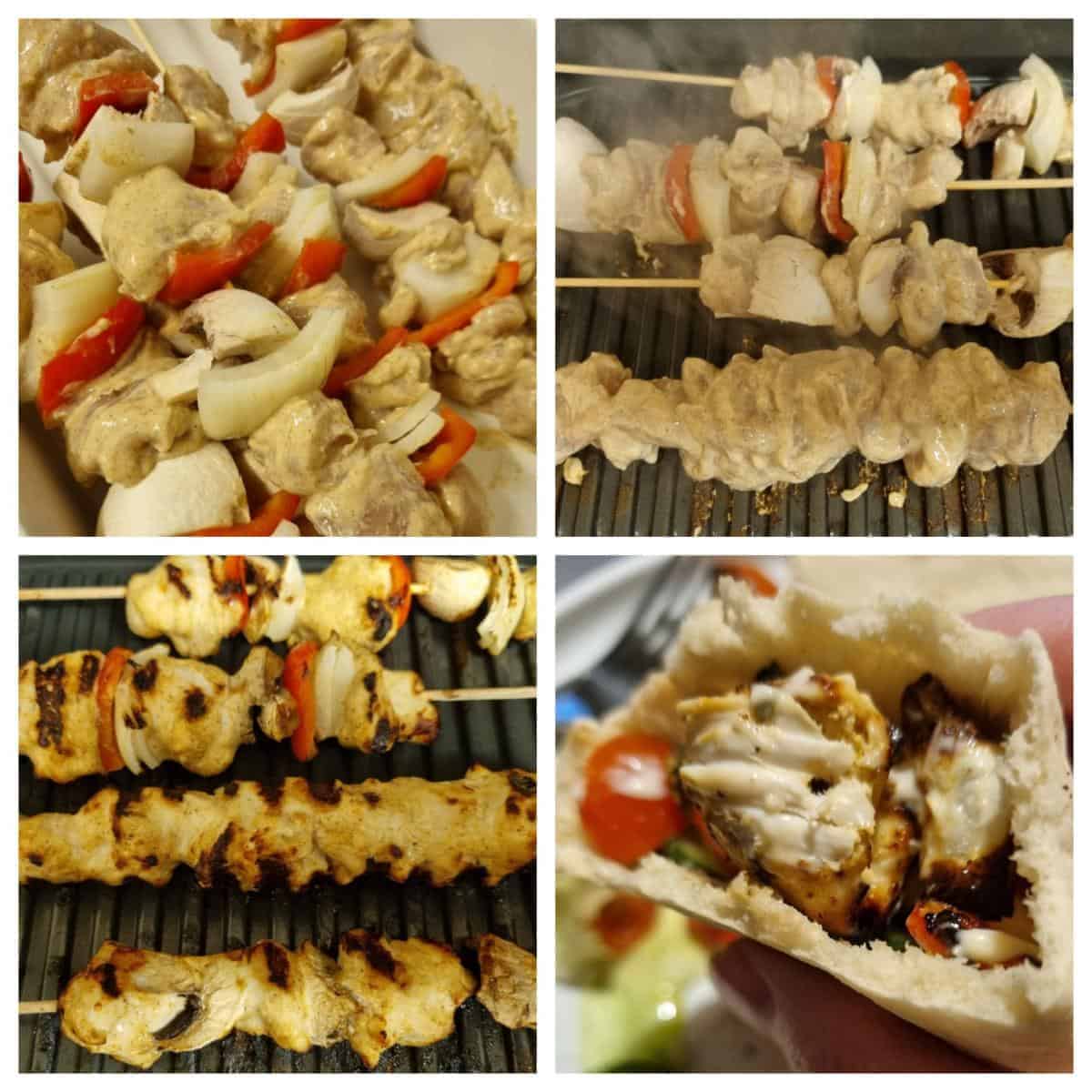 Four pictures of chicken kebabs