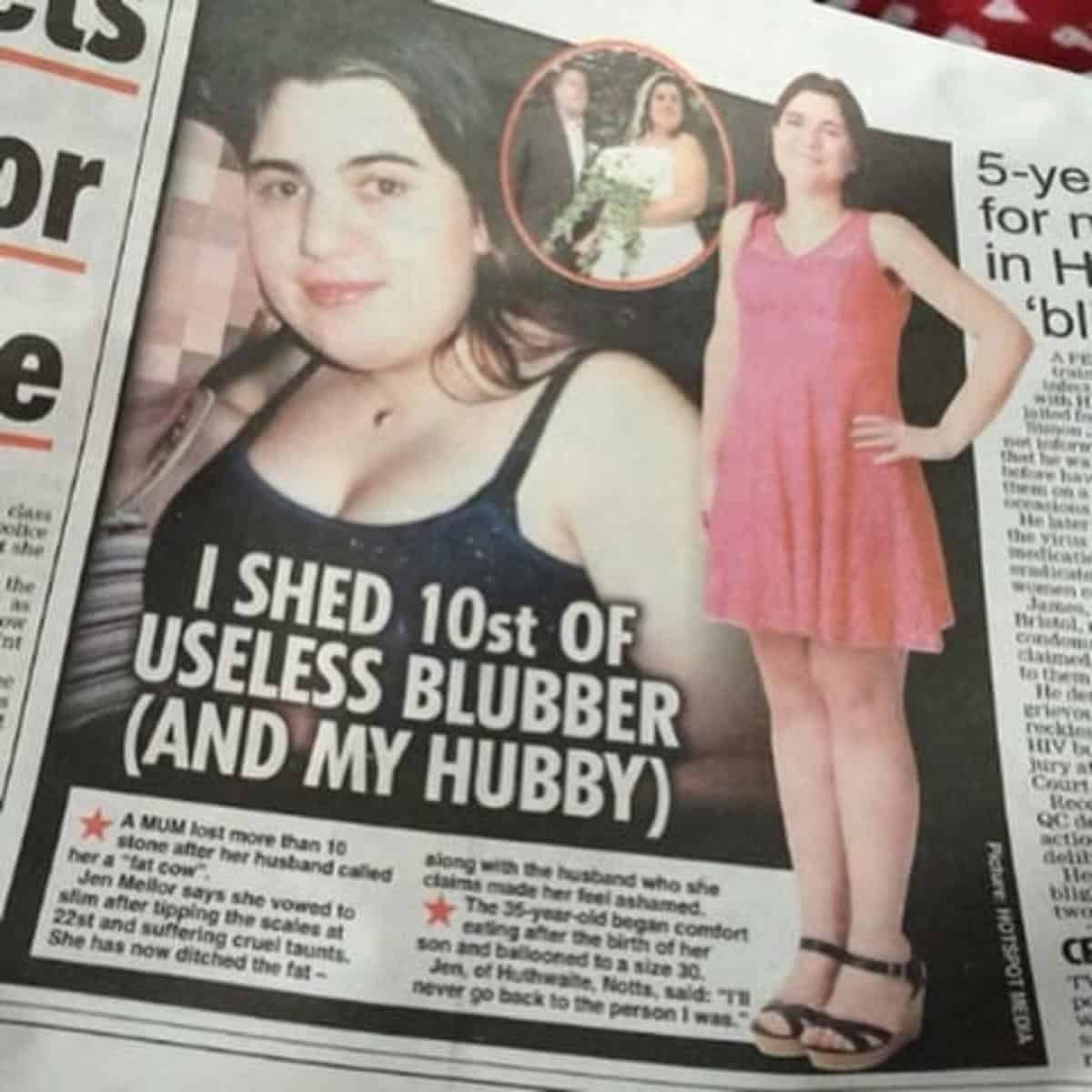 Newspaper with an article saying I shed 10st of useless blubber and my hubby.