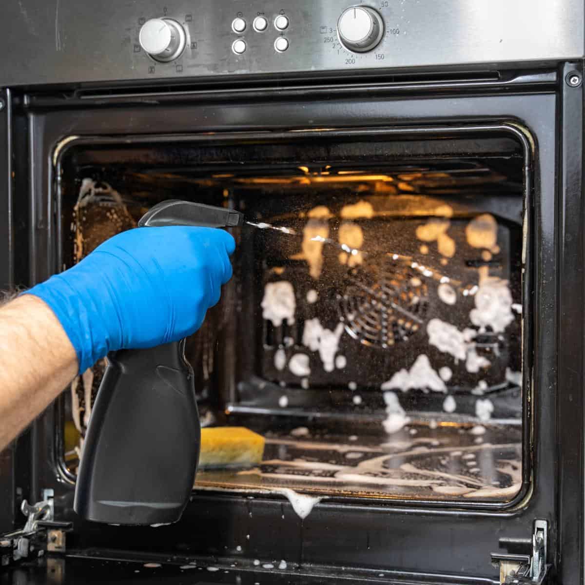oven being cleaned with hand wearing blue rubber gloves