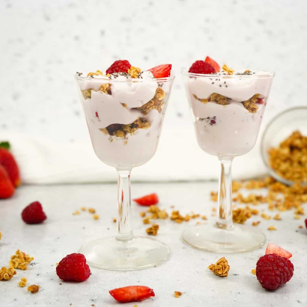 strawberry and raspberry desserts in glasses