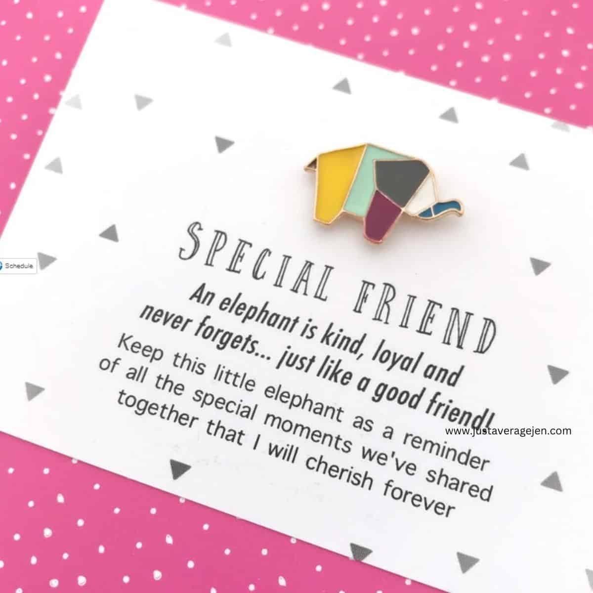 An elephant badge on a card that reads \"Special friend an elephant is kind, loyal and never forgets just like a good friend keep this little elephant as a reminder of all the special moments we\'ve shared together that i will cherish forever.