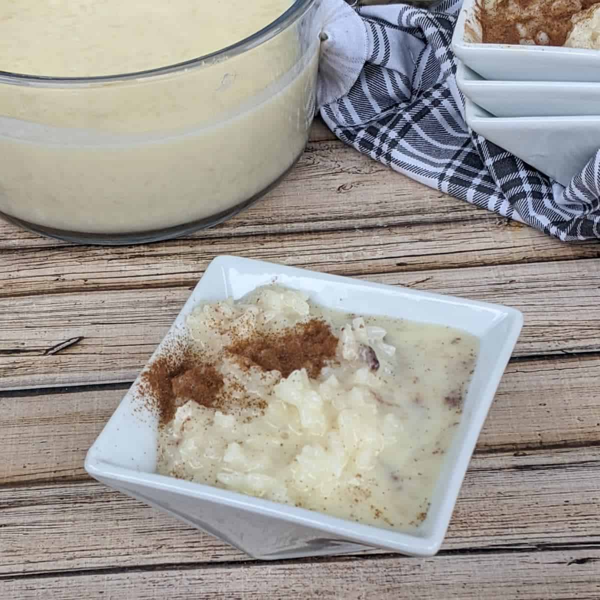 Bowl of instant pot rice pudding topped with ground cinnamon.