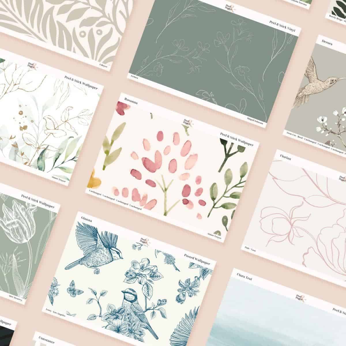 Peel and stick wallpaper samples.