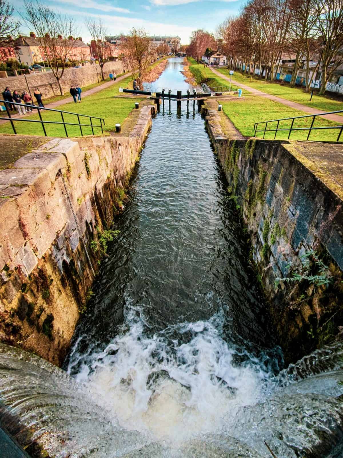 A view of the Royal Canal in Drumcondra, Dublin, showing the canal's waterway surrounded by grassy banks and lined with trees and pathways.