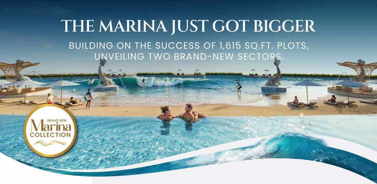 Nagpur Marina man-made beach and surfing wave pool render with new Marina Collection sectors