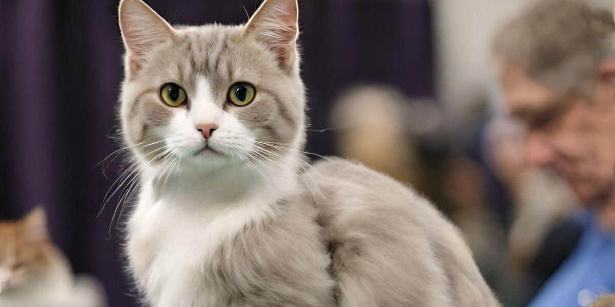 gray and white longhair cat sitting on the table in a cat show ring