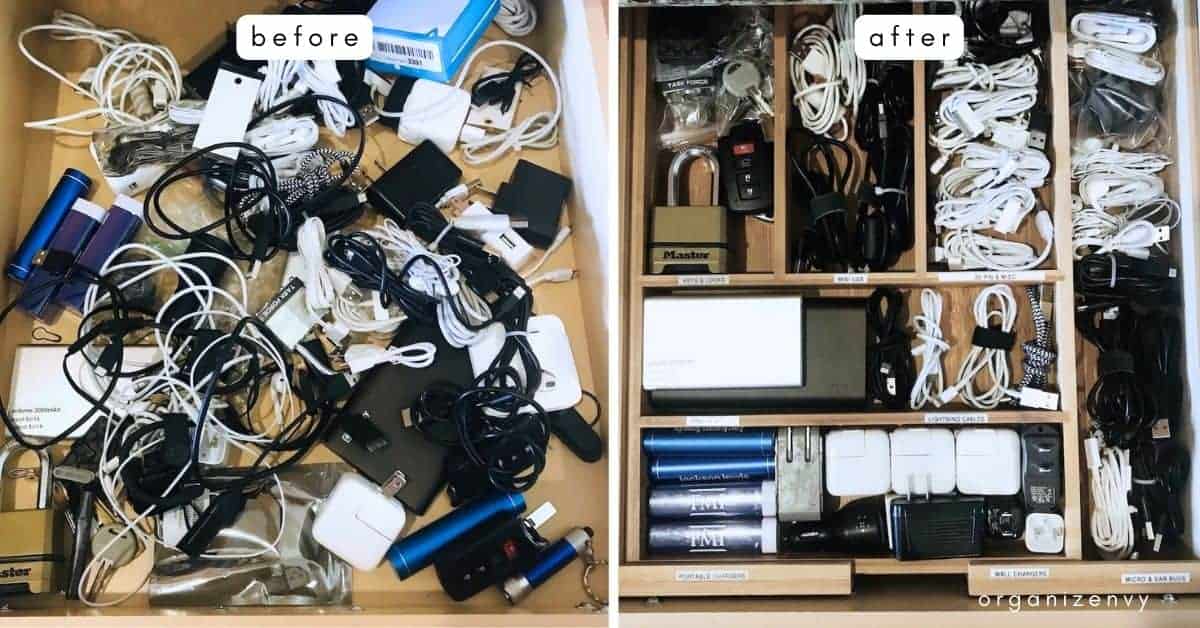 Before and after photo of junk drawer organization