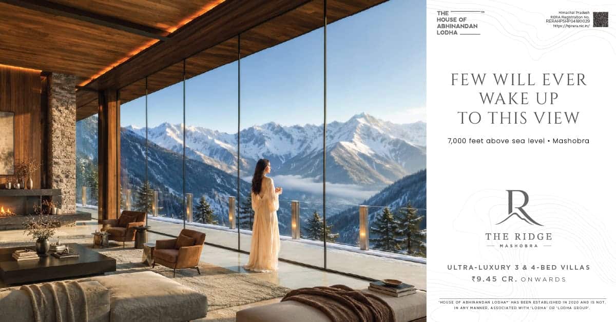 The Ridge Mashobra HOABL ultra-luxury villa living room with floor-to-ceiling Himalayan snow-peak view at 7,000 ft