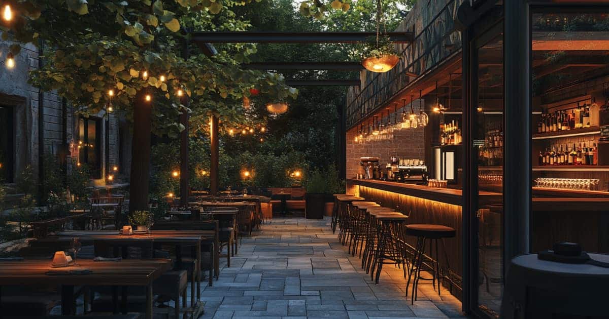 Outdoor bar area during the nighttime