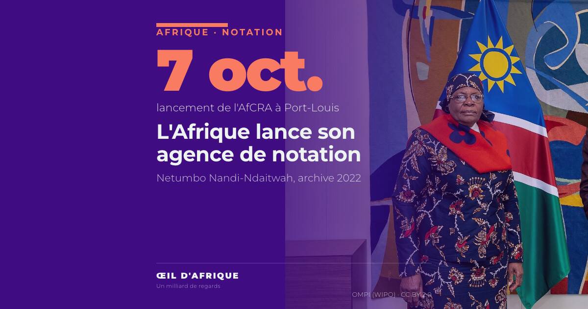 Netumbo Nandi-Ndaitwah, présidente de la Namibie, devant le drapeau namibien ; elle a salué à l'ONU le lancement de l'agence africaine de notation AfCRA