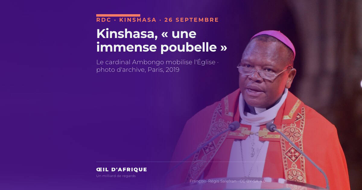 Le cardinal Fridolin Ambongo, archevêque de Kinshasa, prêchant au pupitre, photo d'archive de 2019 illustrant son homélie sur l'insalubrité à Kinshasa