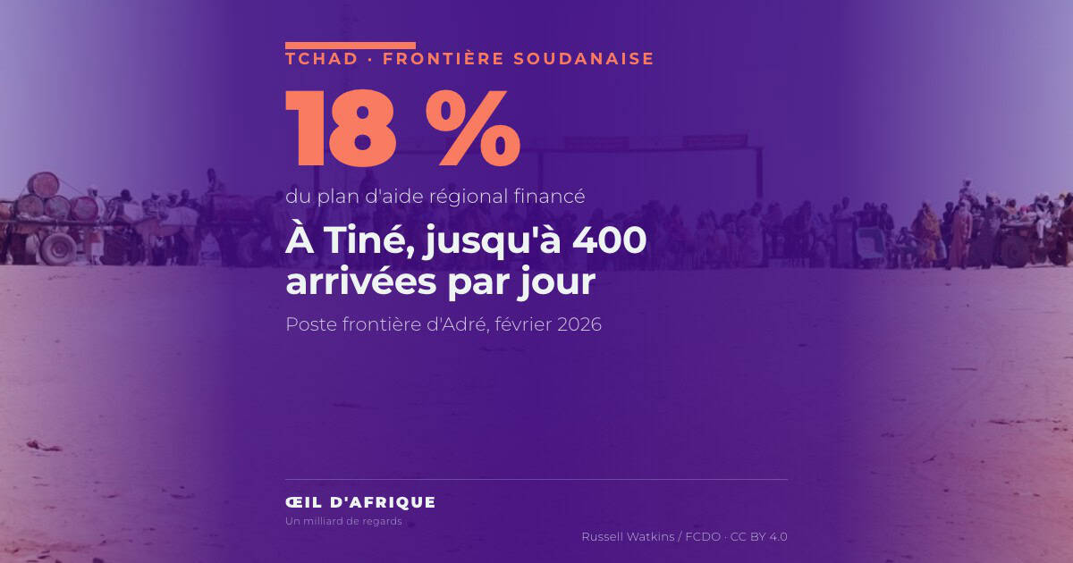 Des réfugiés soudanais au Tchad attendent avec leurs charrettes au poste frontière d'Adré, dans l'est du pays, en février 2026