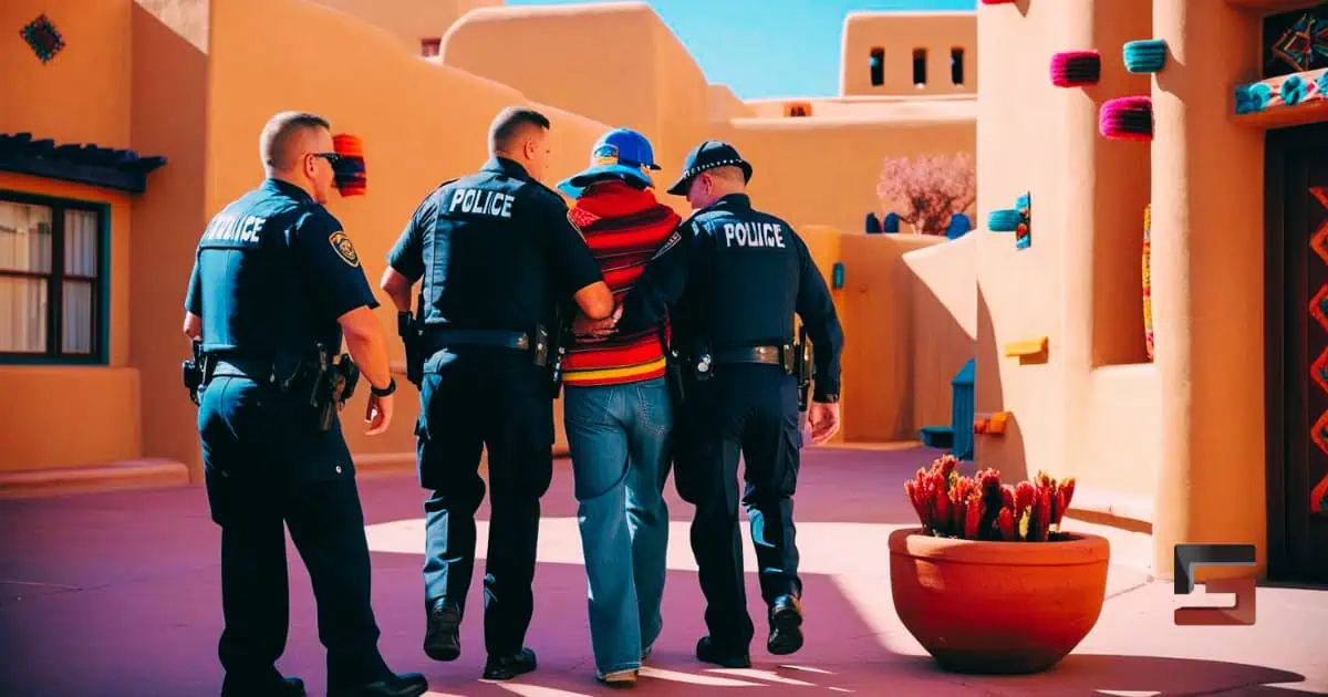 Santa Fe Personal Injury & Criminal Defense Lawyer 1 A young person is arrested by 3 police officers serving Santa Fe, New Mexico. Speak with a criminal defense lawyer in Santa Fe, NM, like Grano Law Offices, P.C., if you are arrested in the City of Santa Fe or Santa Fe County. Image generated with Dream Lab AI.