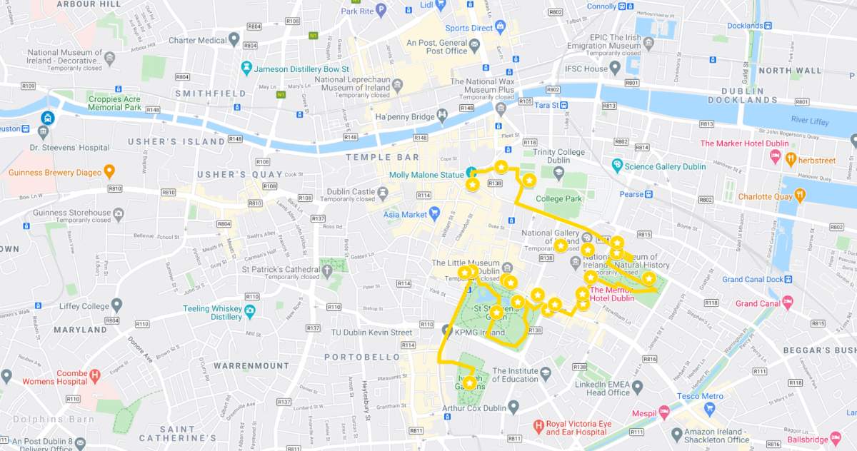 A map highlighting a walking route through Dublin's Georgian quarter, marked with a yellow path that passes by notable landmarks and cultural sites.