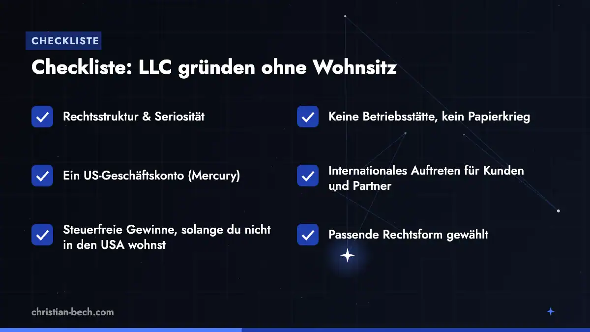 LLC gründen ohne Wohnsitz: Checkliste