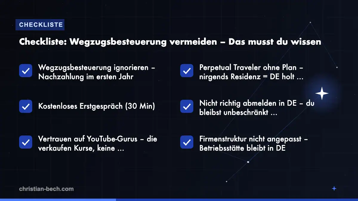 Wegzugsbesteuerung vermeiden – Das musst du wissen: Checkliste