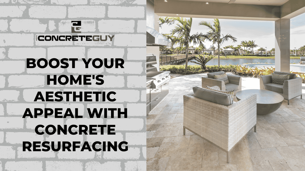 Outdoor patio with elegant concrete resurfacing, featuring stylish furniture and scenic water view, promoting aesthetic home improvement by a Minnesota concrete contractor.