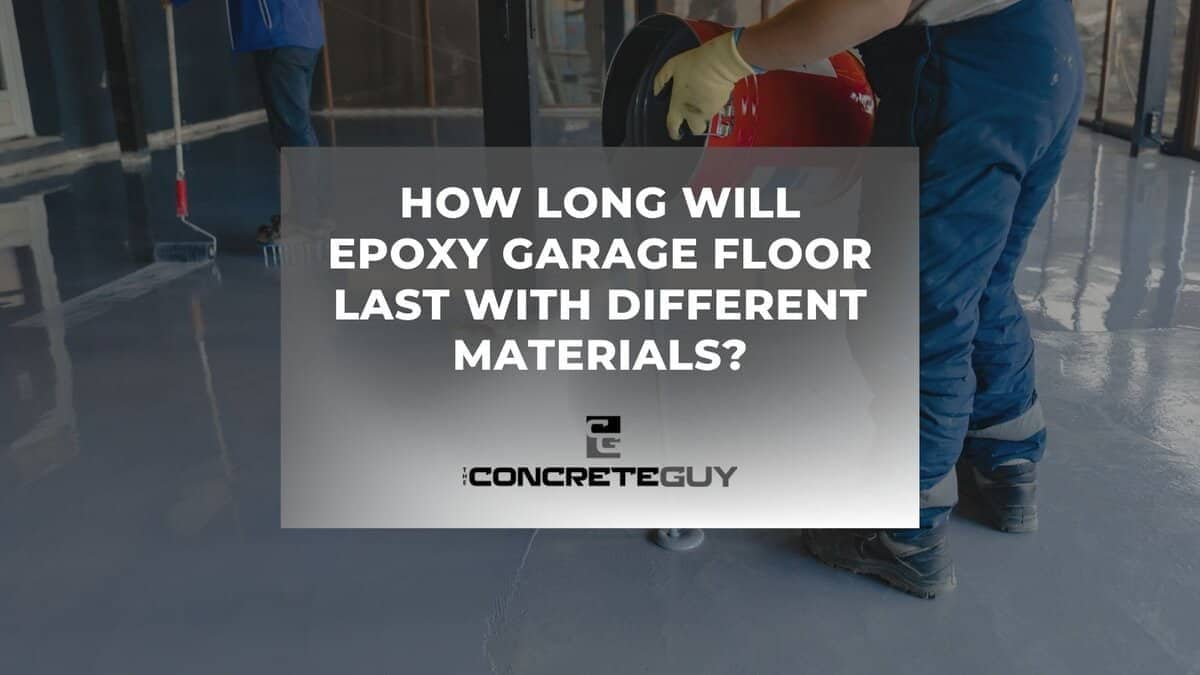 Worker applying epoxy coating on garage floor with text overlay asking about durability of epoxy floors.
