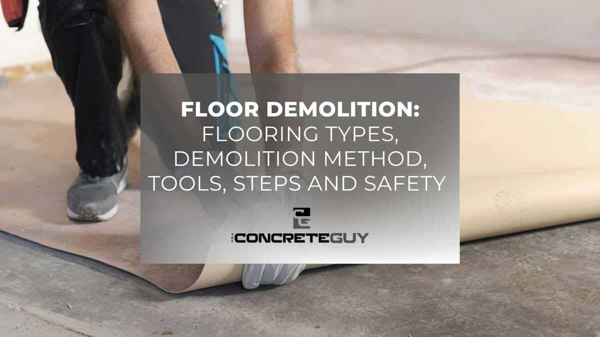 Worker preparing for floor demolition with tools in a concrete space, highlighting flooring types, demolition methods, tools, and safety tips for Minnesota concrete contractors.