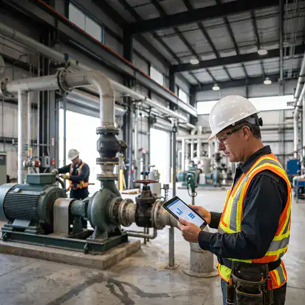Maintenance technician in a hard hat and safety vest checking a tablet beside an industrial pump in a plant, with another worker inspecting equipment in the background