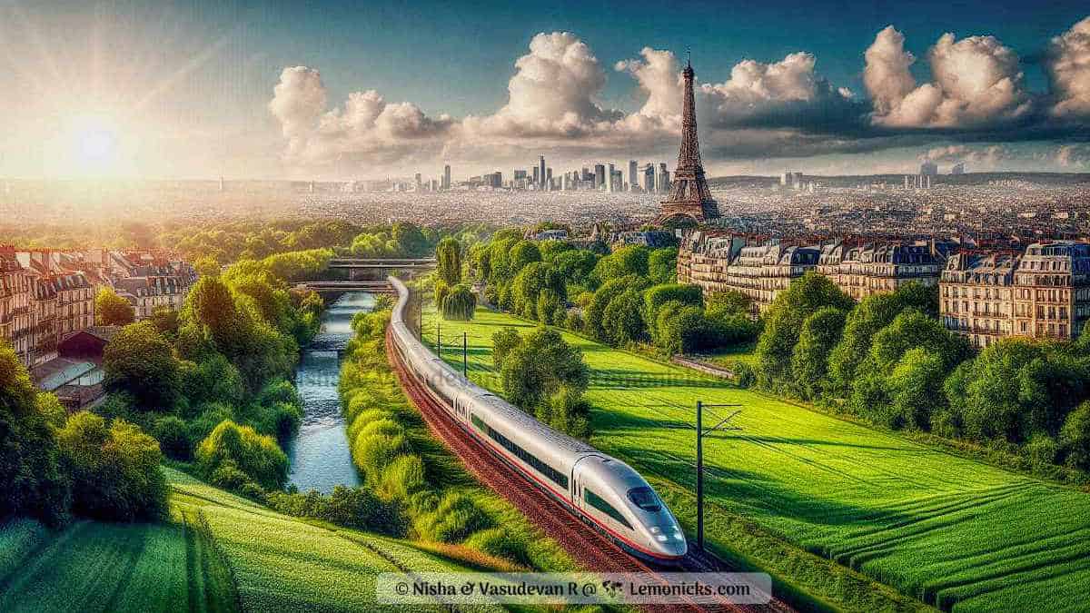 Eurail Passes by Rail Europe. Scenic europe train routes. The picture depicts a scene of a high-speed train traveling through a lush green countryside, with a river flowing alongside the tracks. The train is a sleek, modern bullet train, painted in a silver and white livery. It is traveling at high speed, leaving a trail of smoke behind it. In the background, the iconic Eiffel Tower stands tall, dominating the skyline. Surrounding the track and tower are rows of buildings, mostly Parisian apartment buildings, with their characteristic white facades and red roofs. The buildings are interspersed with lush green spaces, including parks and gardens. The sky is a bright blue, with fluffy white clouds scattered across it. The sun is shining brightly, casting a warm golden glow over the scene. The overall mood of the image is one of peace and tranquility, with a hint of excitement. The high-speed train evokes a sense of movement and progress, while the serene landscape and the iconic Eiffel Tower provide a sense of history and tradition. The image suggests a feeling of connection between the modern and the traditional, highlighting the beauty and dynamism of the city of Paris.