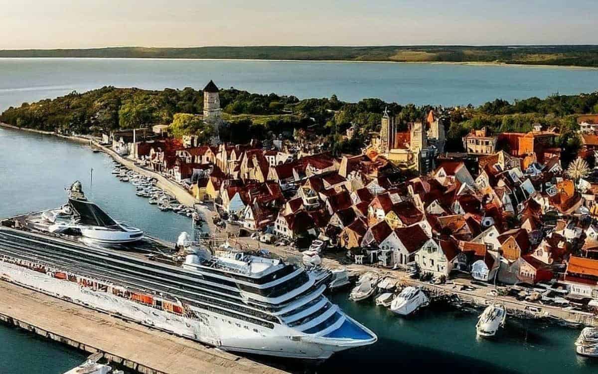 Enie Flugaufnahme von Visby, einem Kreuzfahrtschiff und dem Hafen