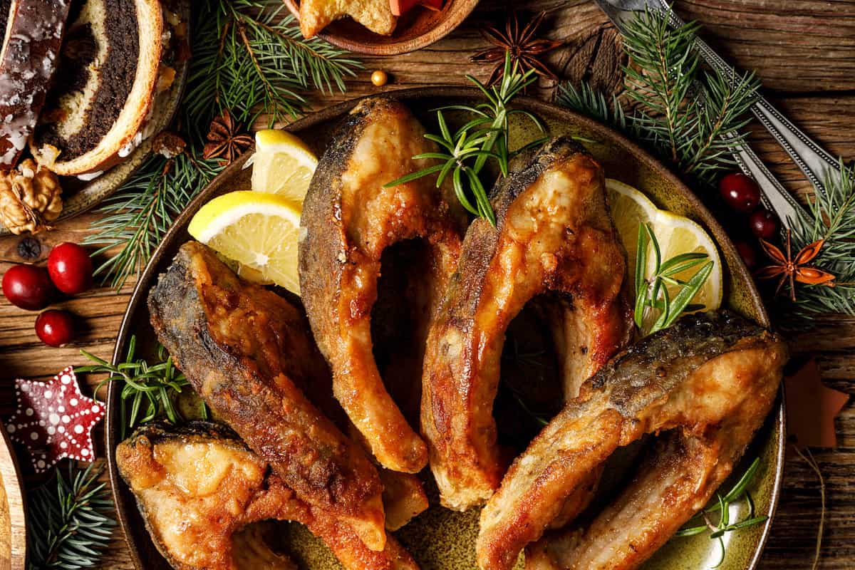 Polish Christmas fried carp should be served hot out of the oven.