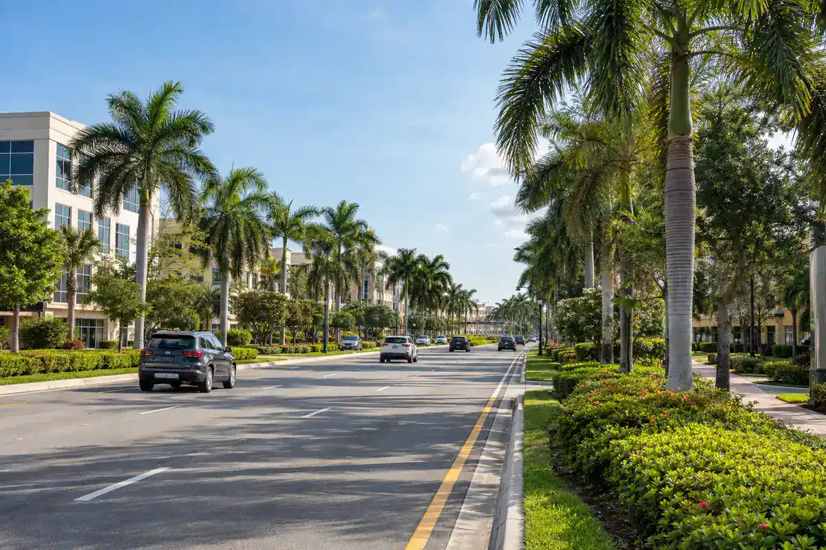 Landscaped Palm Beach Gardens business corridor near PGA Boulevard