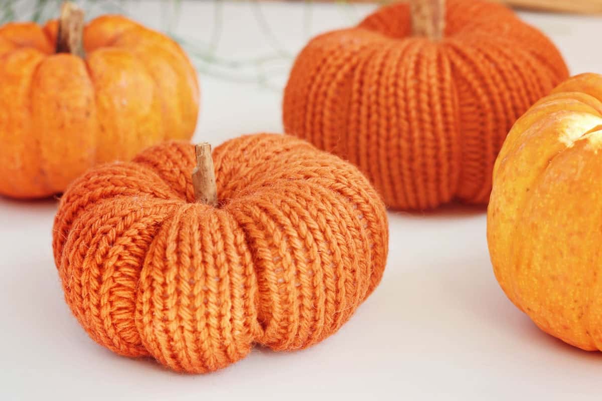 close up of a knitted pumpkin