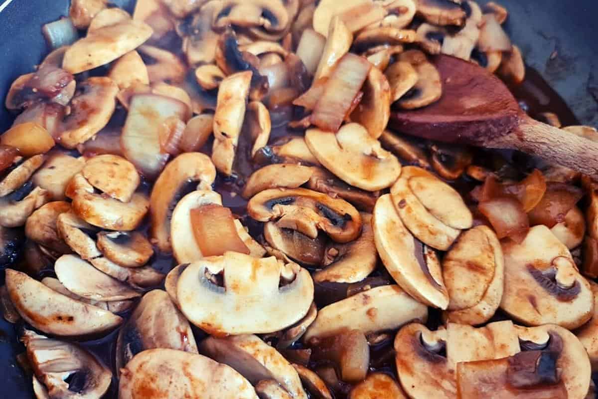 Mushrooms frying for mushroom stroganoff