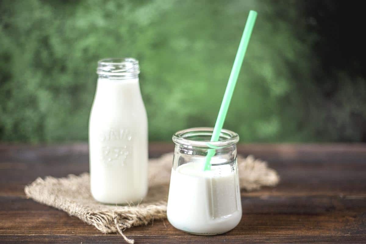 milk in a bottle and small glass with a straw.