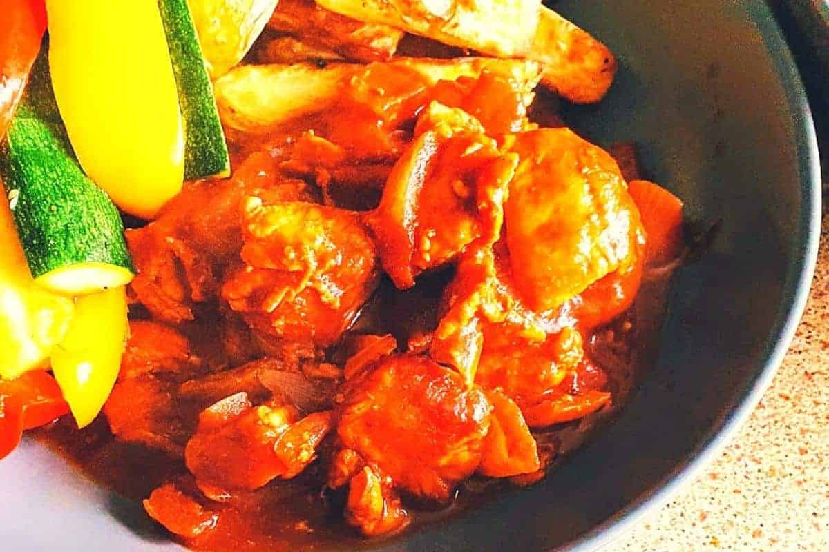 BBQ chicken with chunks of chicken in a bbq sauce.
