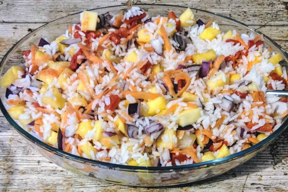 Caribbean rice in a glass bowl.