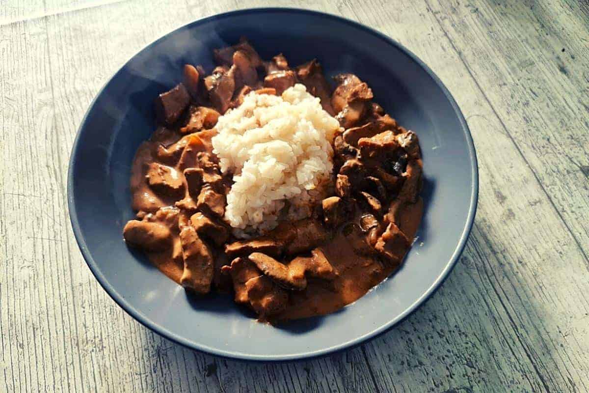 Beef stroganoff and rice in a grey bowl