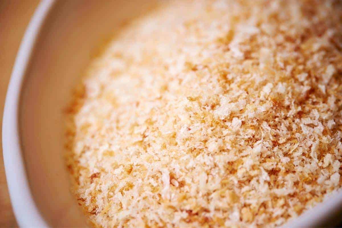 Bowl of breadcrumbs.