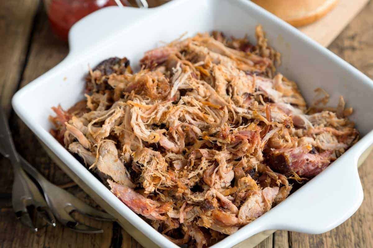 Slimming World pulled pork in a white bowl.