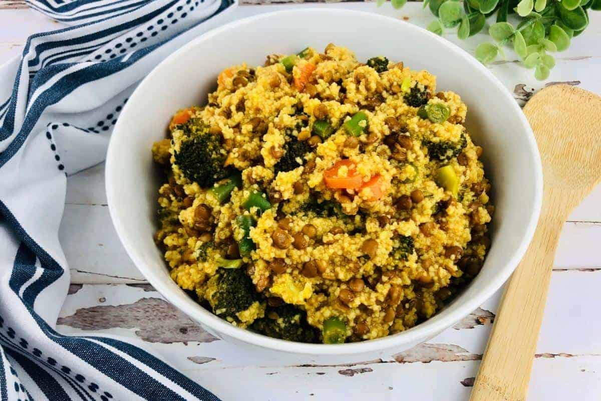 vegetable couscous in a white bowl
