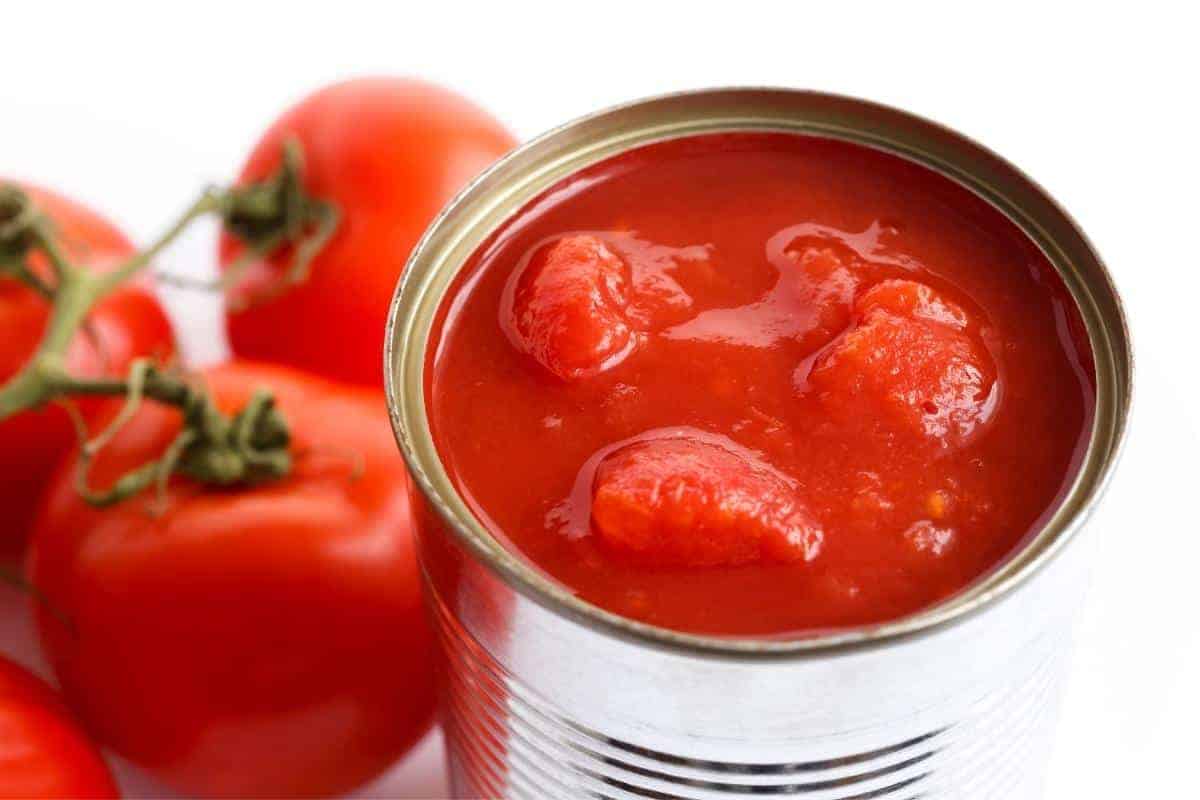 Can of chopped tomatoes with two fresh tomatoes next to the can.