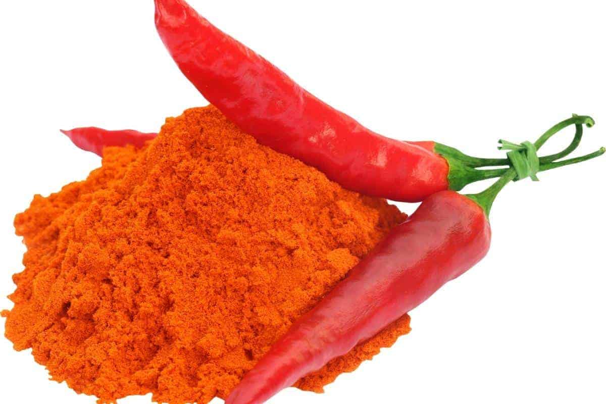 chilli powder and red chillies on white background