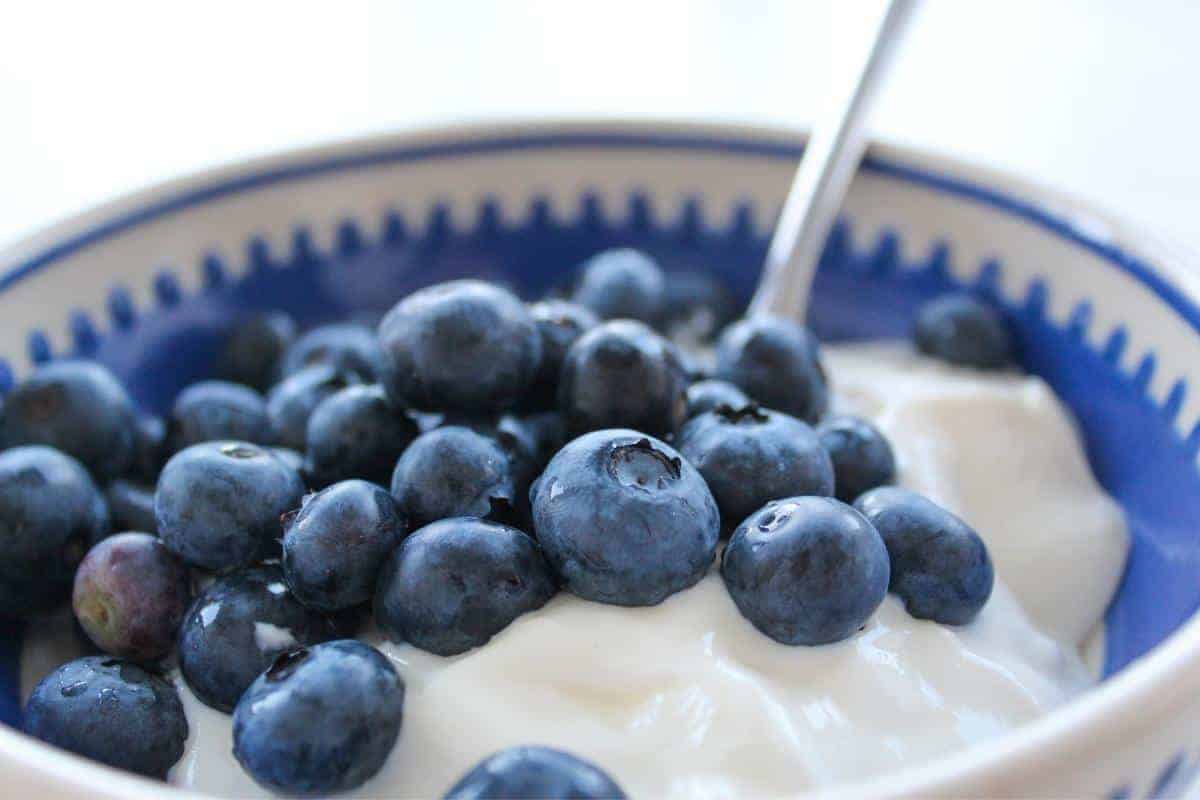 Bowl of blueberries and yoghurt.