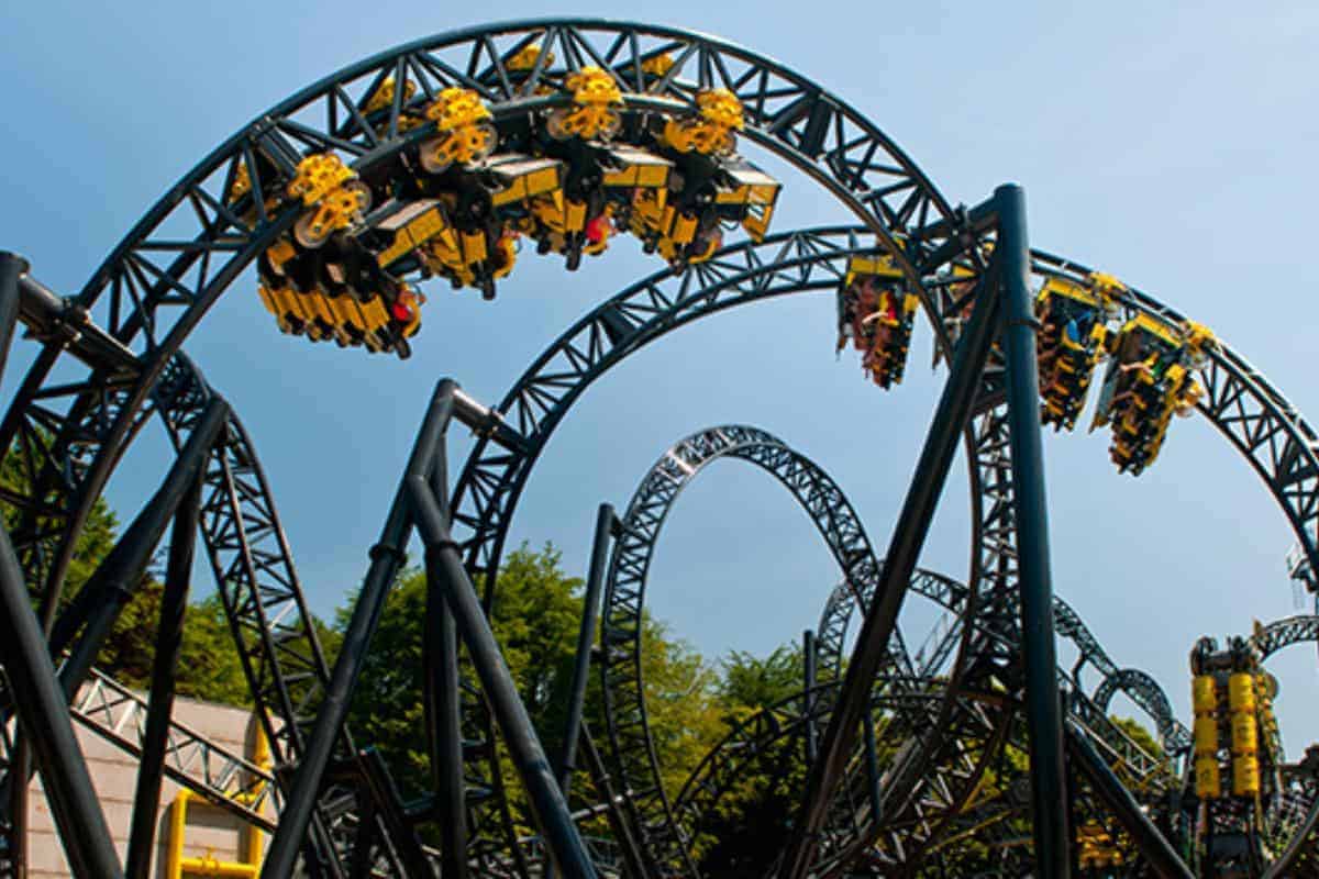 theme park with upside down roller coaster.