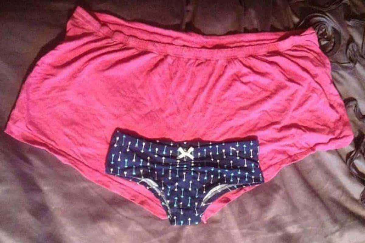 A pink pair of knickers with a smaller pair of blue and white knickers on top