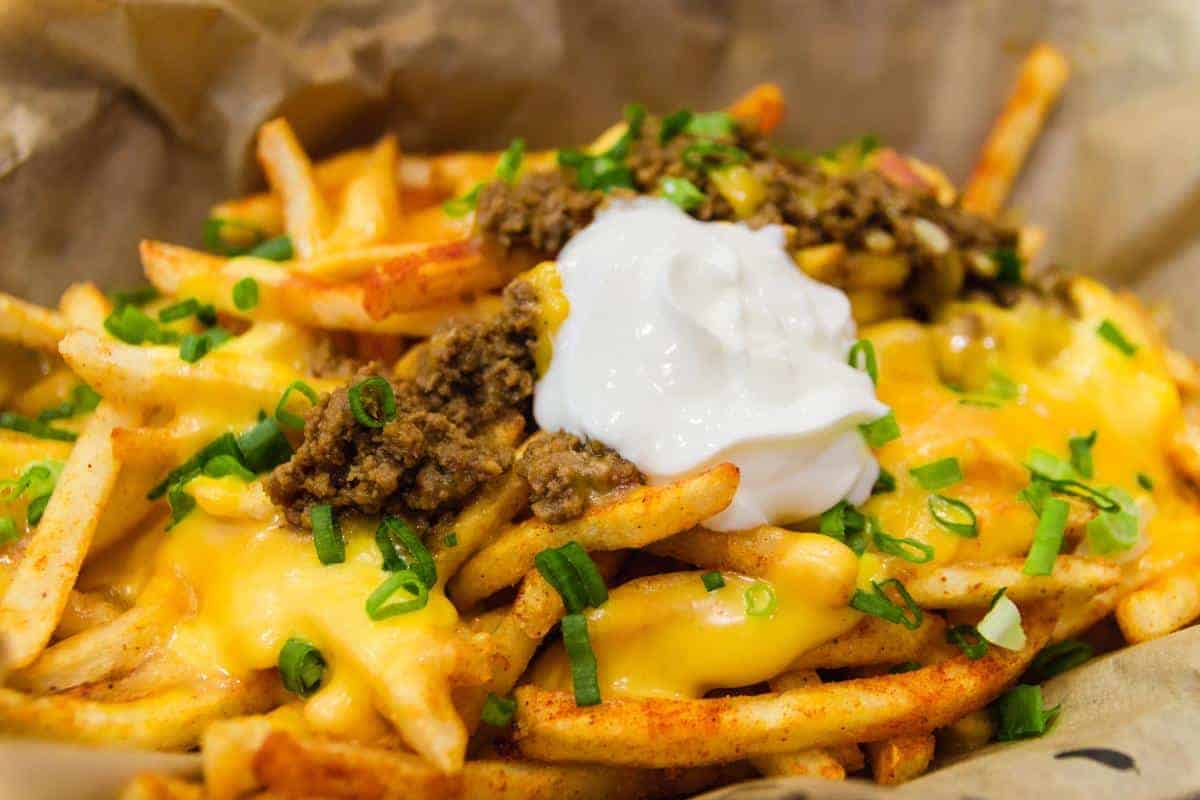loaded fries with mince, cheese and soured cream.